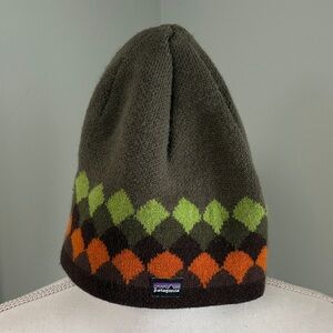 Patagonia Olive Beanie Hat with Colorful Diamond Pattern